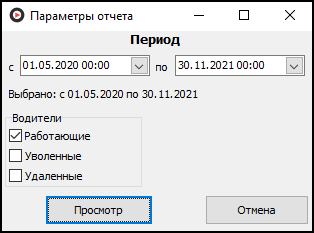 Форма ввода параметров отчета перед его выводом.