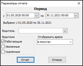 Форма ввода параметров отчета перед его выводом.