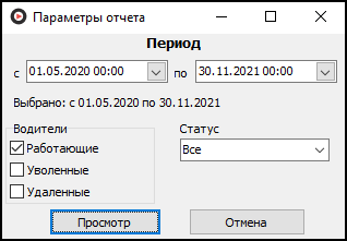 Форма ввода параметров отчета перед его выводом.