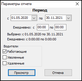 Форма ввода параметров отчета перед его выводом.