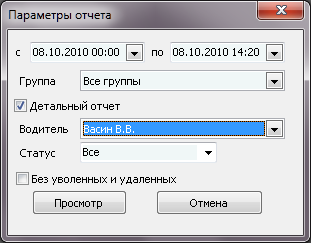 Форма ввода параметров отчета перед его выводом.