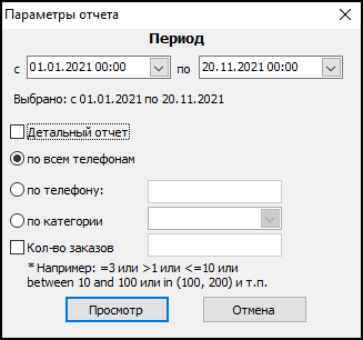 Форма ввода параметров отчета перед его выводом.