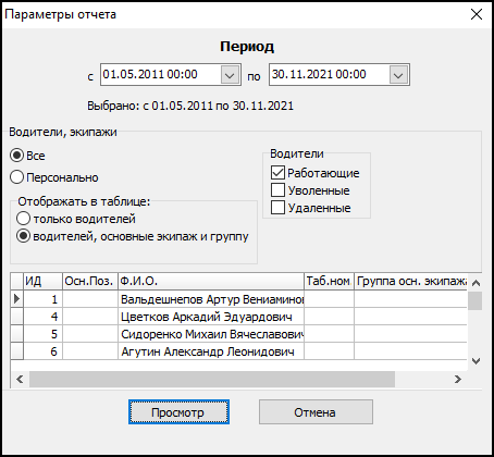 Форма ввода параметров отчета перед его выводом.