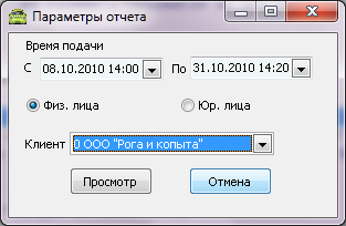 Форма ввода параметров отчета перед его выводом.