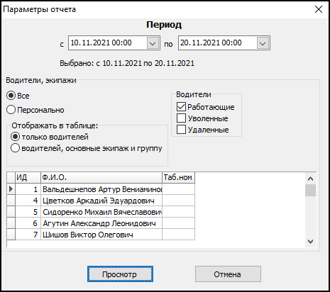 Форма ввода параметров отчета перед его выводом.